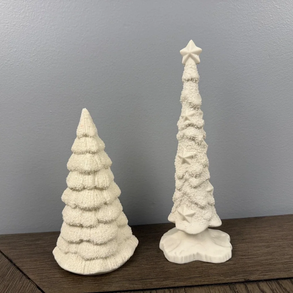 Dept 56 White Ceramic Christmas Tree Set Star Topper Glitter Snow Dusted 2pc
